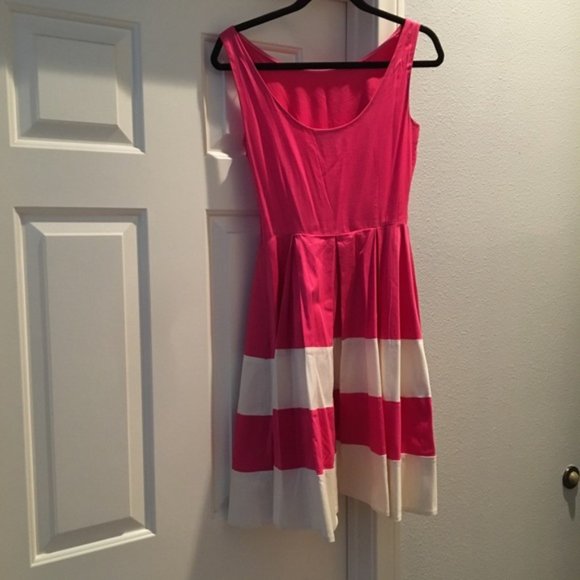 Kate Spade Striped Pink and Cream Pleated Fit and Flare Dress Size 0 - Picture 3 of 9